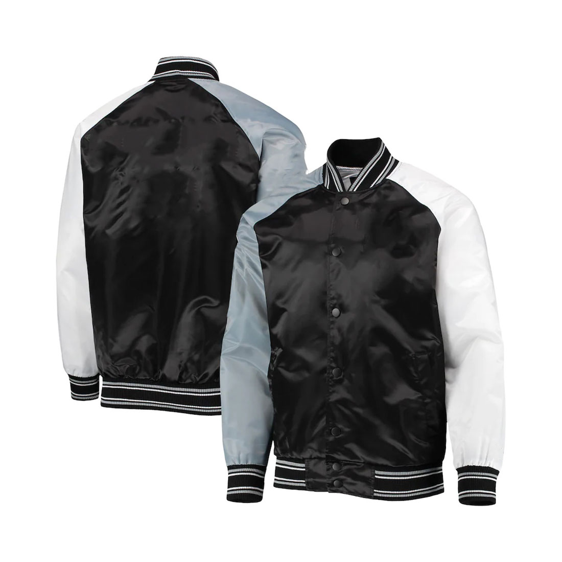 Custom black/gray varsity satin raglan three color rib jacket