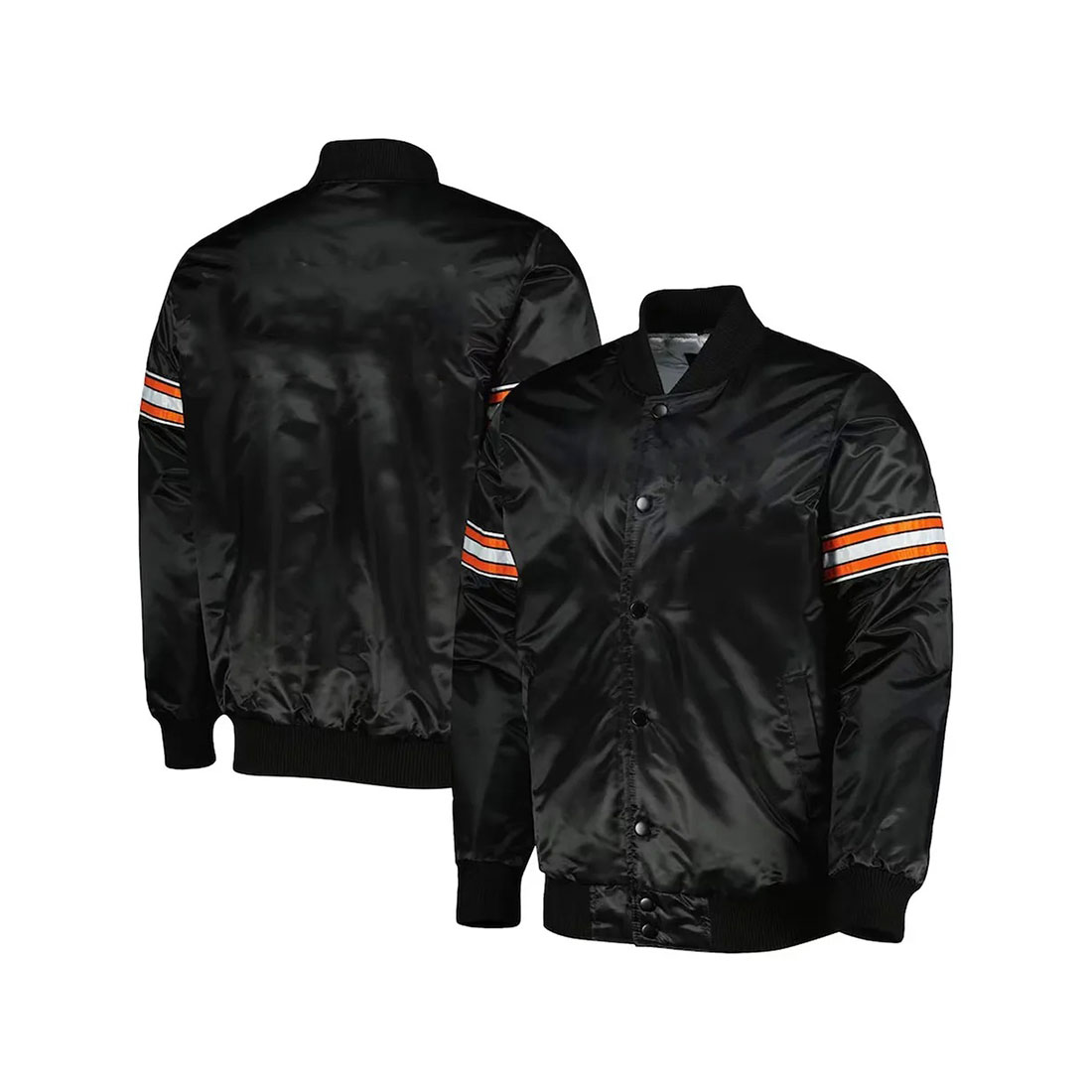 Classic custom black satin jacket with sleeve stripes