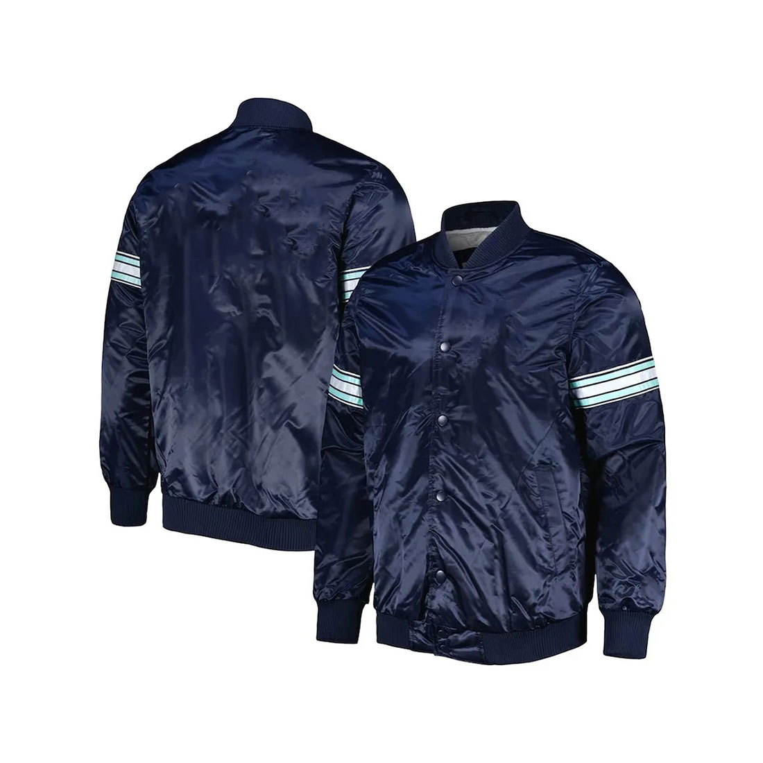 Custom deep sea blue satin jacket with sleeve stripes