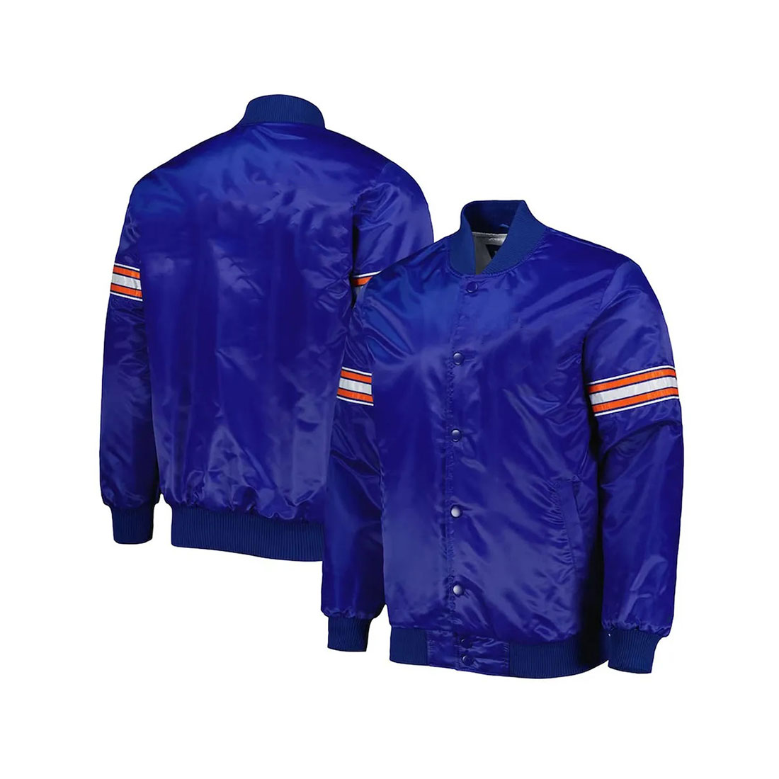 Classic custom blue satin jacket with sleeve stripes
