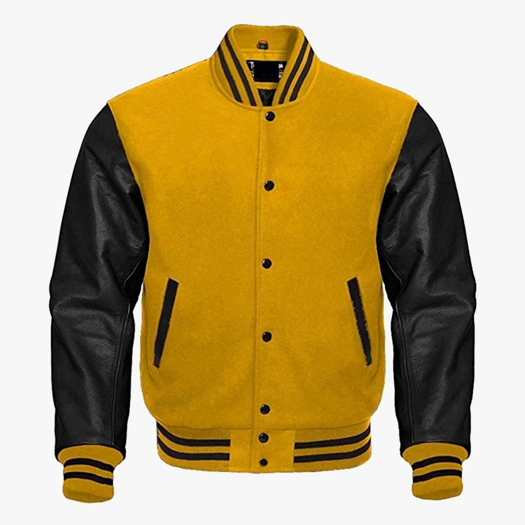 Yellow Collage Jacket with Black leather sleeves Stylish Varsity Bomber Jackets