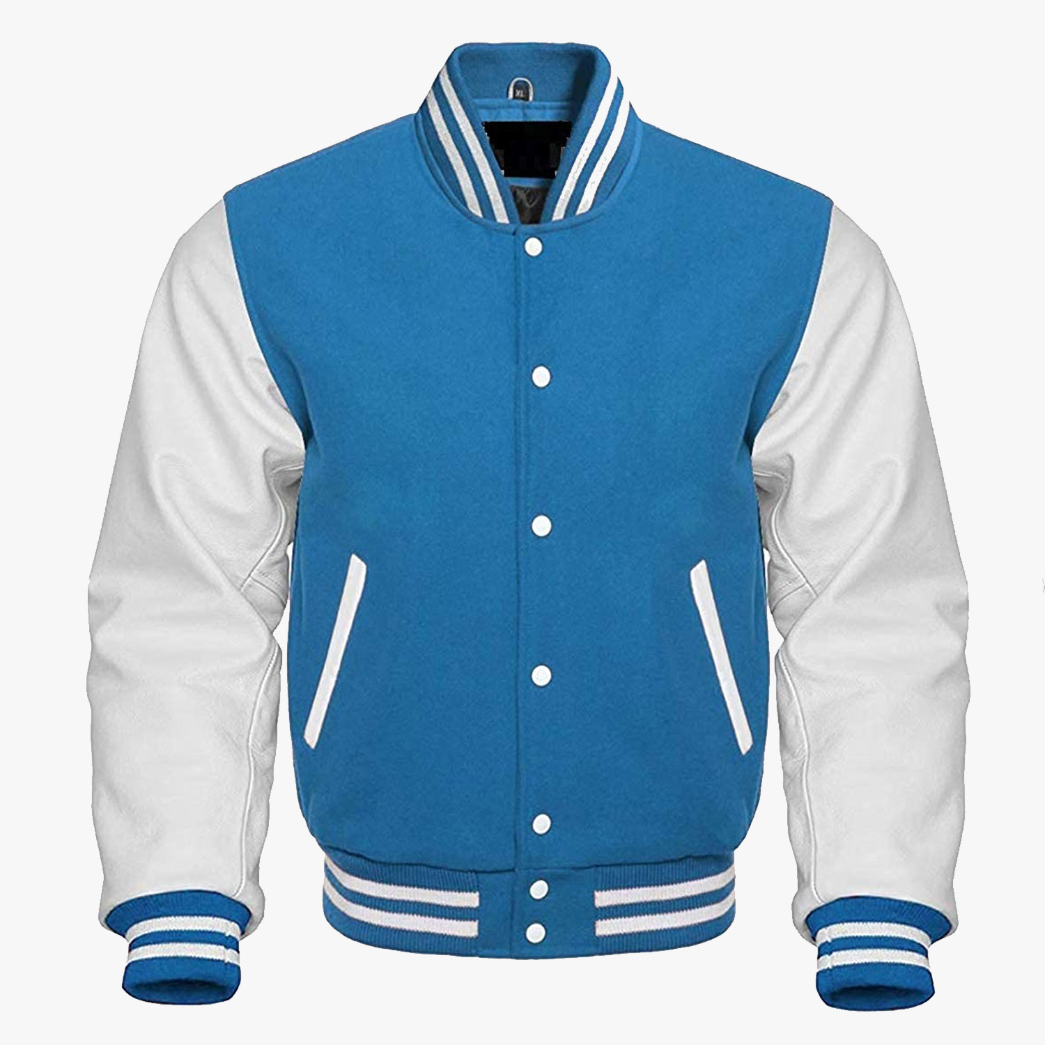 Blue Collage Jacket with White leather sleeves Stylish Varsity Bomber Jackets