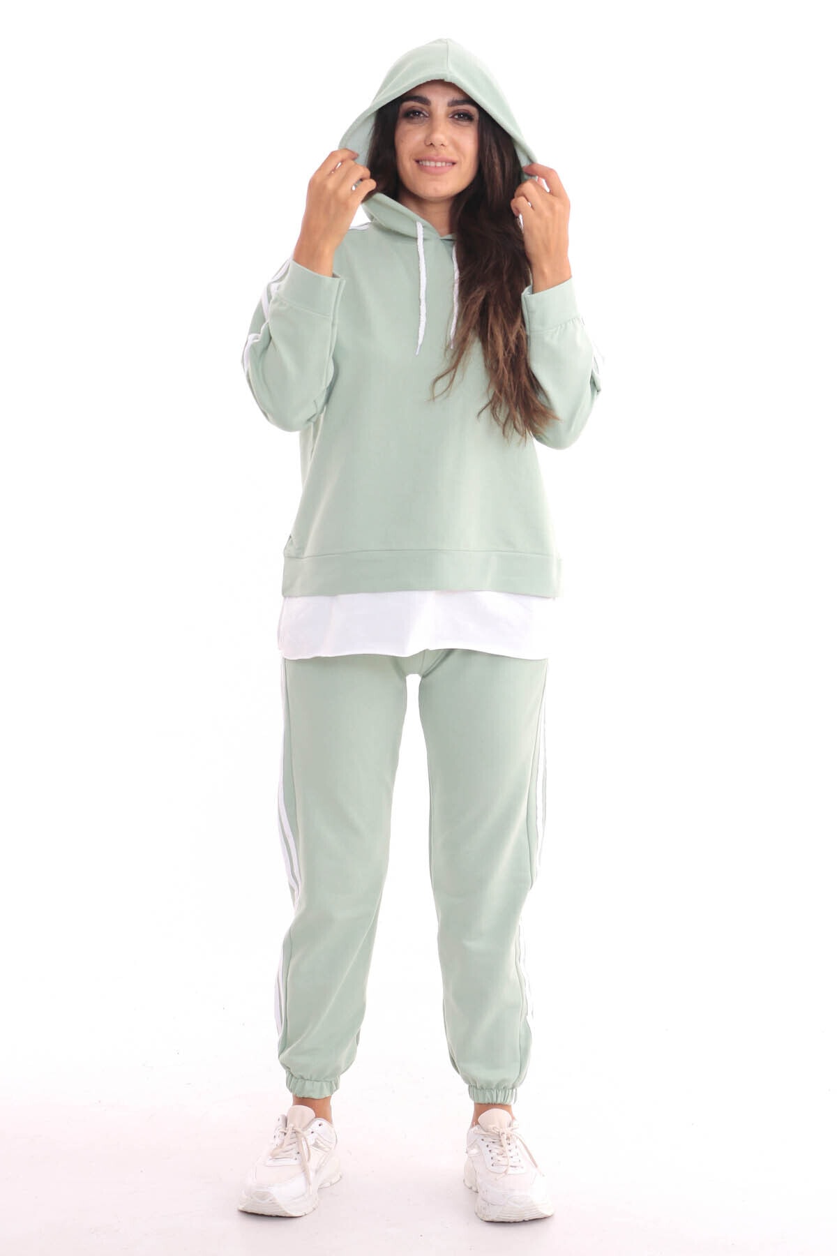 Women's Mint Green Hooded and Pant Striped Tracksuit