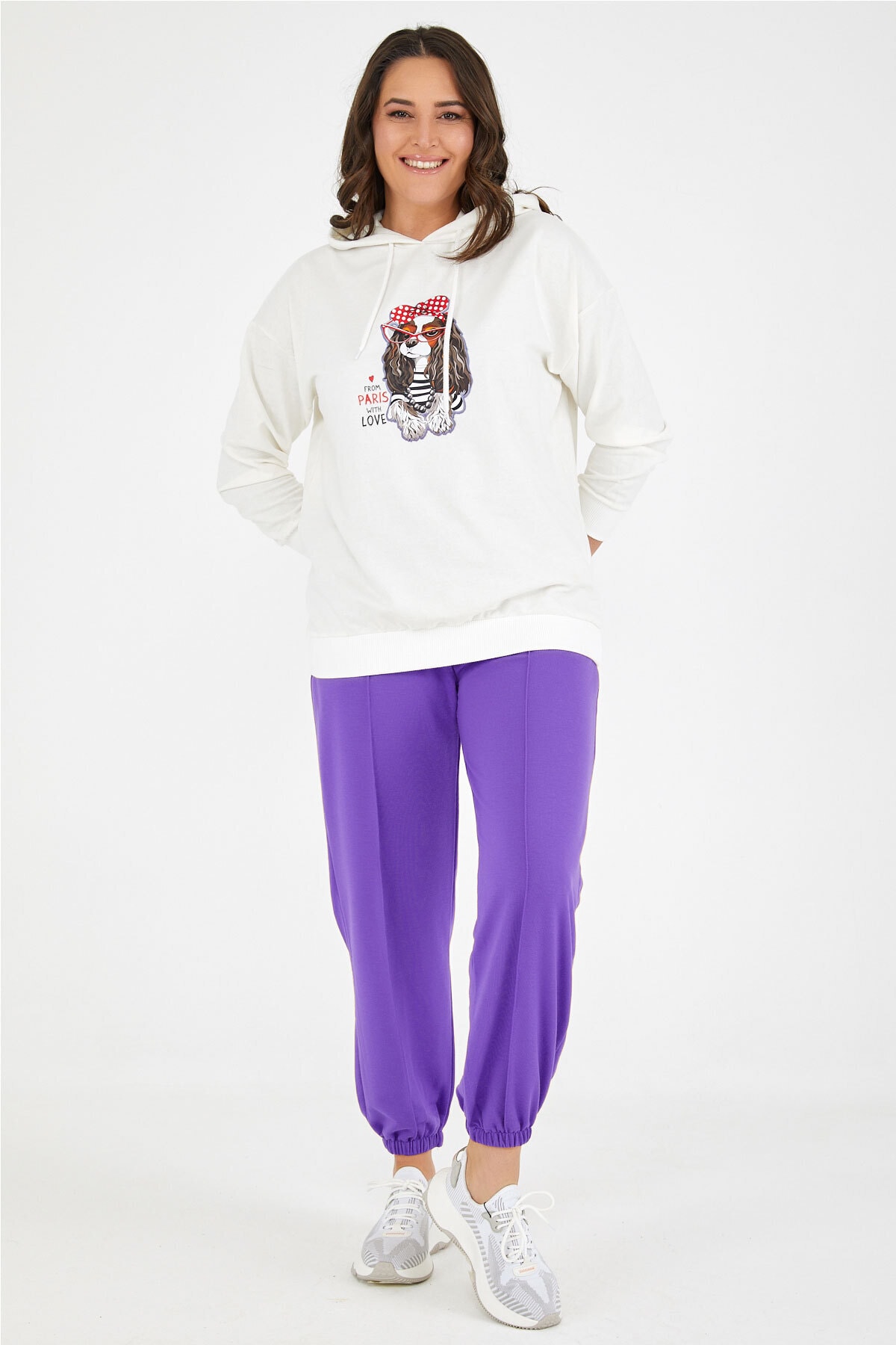 Woman Purple and White Plus Size Tracksuit With Pockets