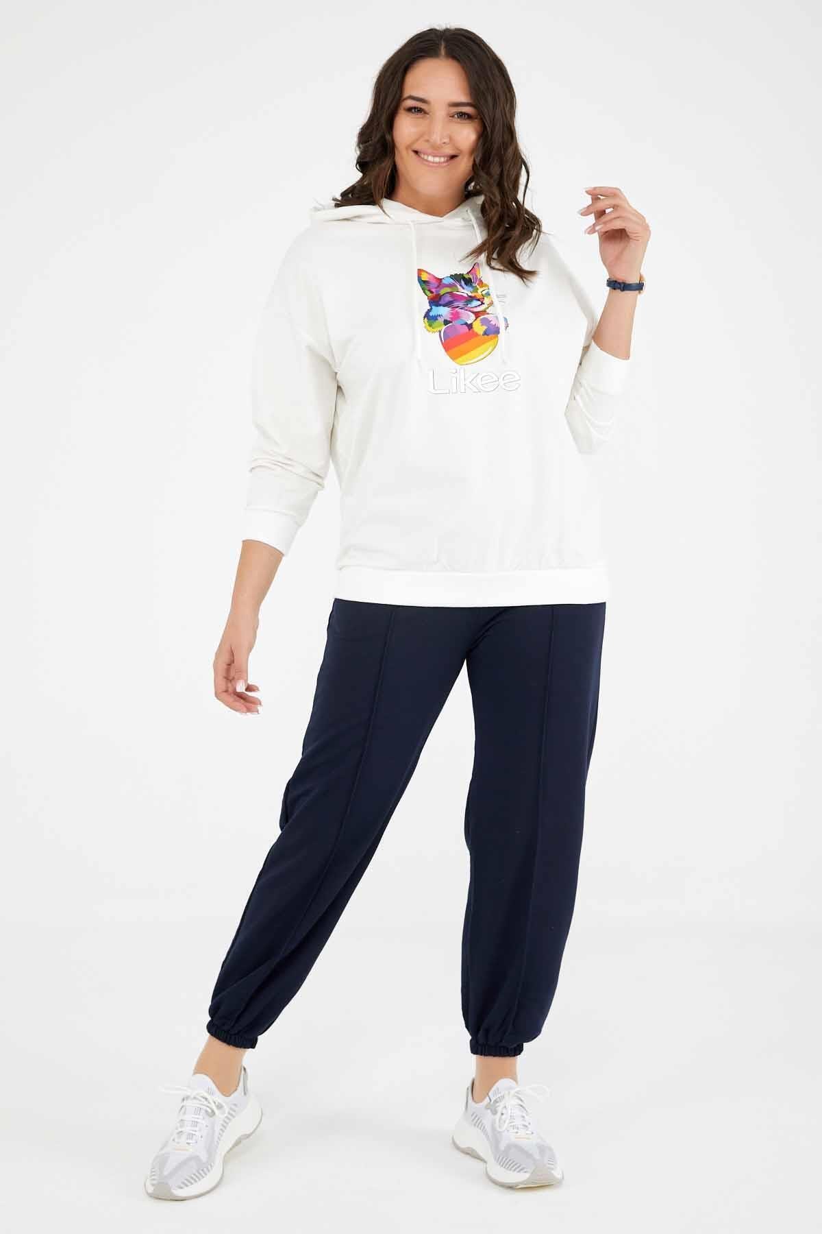 Woman Navy Blue and White Plus Size Tracksuit With Pockets