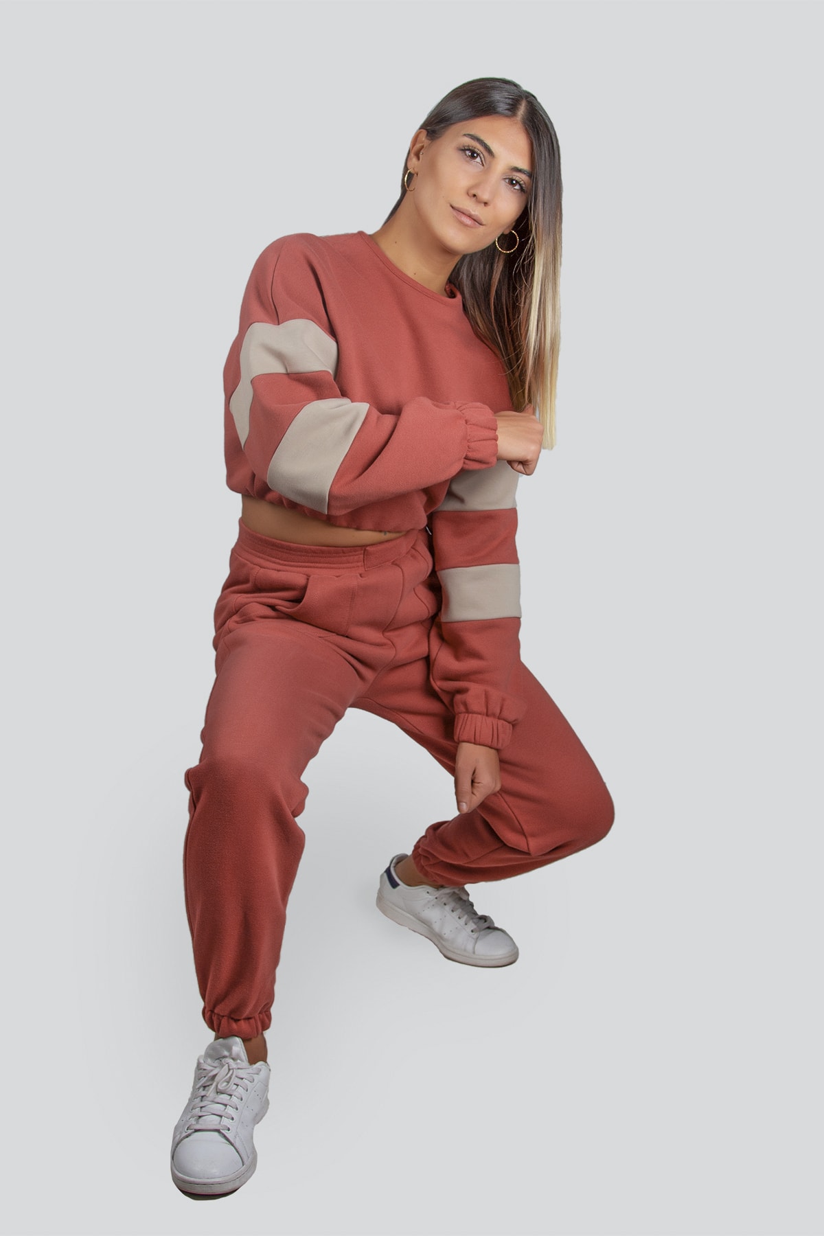 Pomegranate Flower Sleeve Striped Crop Top Jogger Bottom Sweat Suit