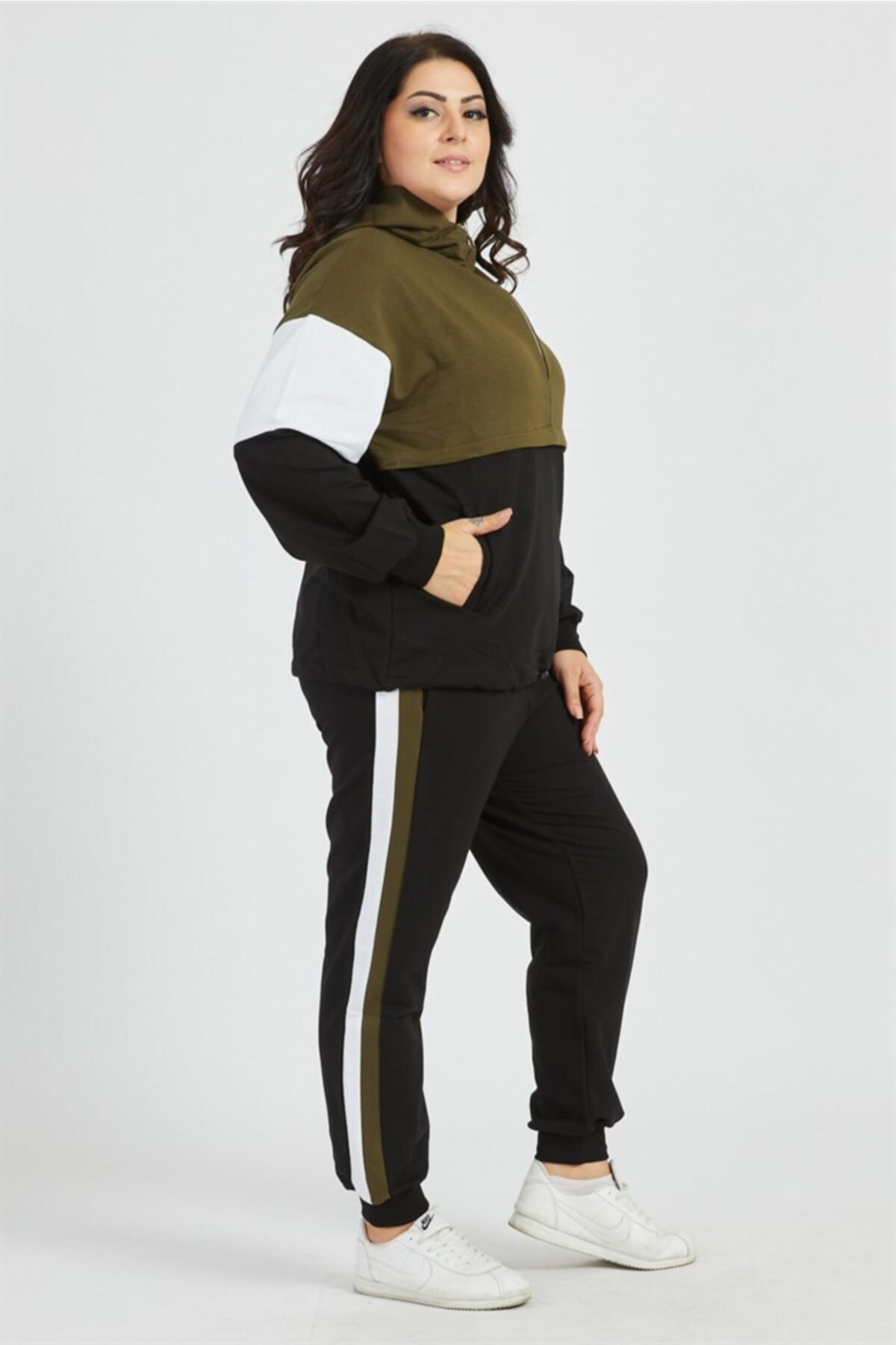 Women Khaki Garnished Hooded Zippered Tracksuit Set