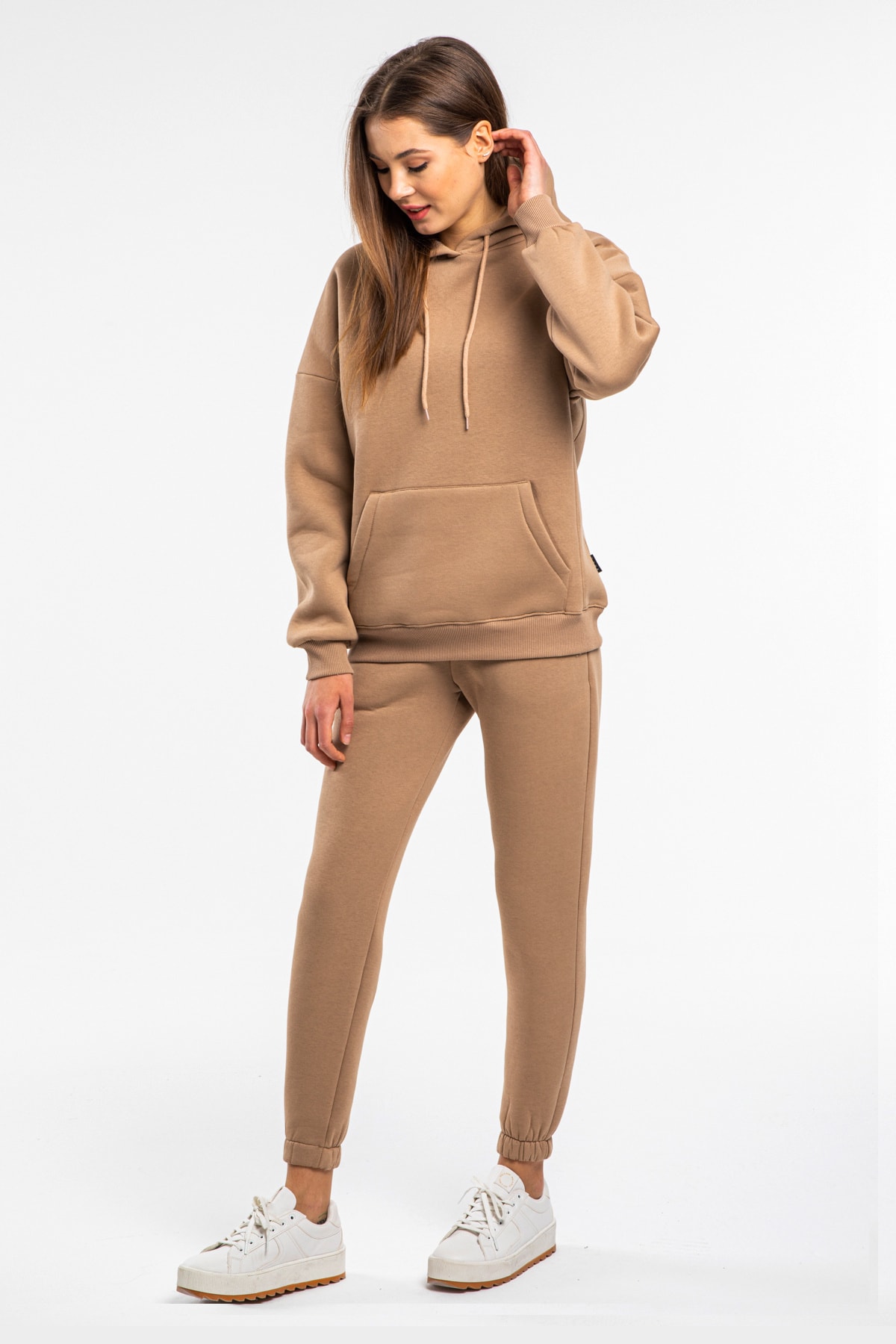 Women's Beige Fleece Track Suit With Kangaroo Pocket