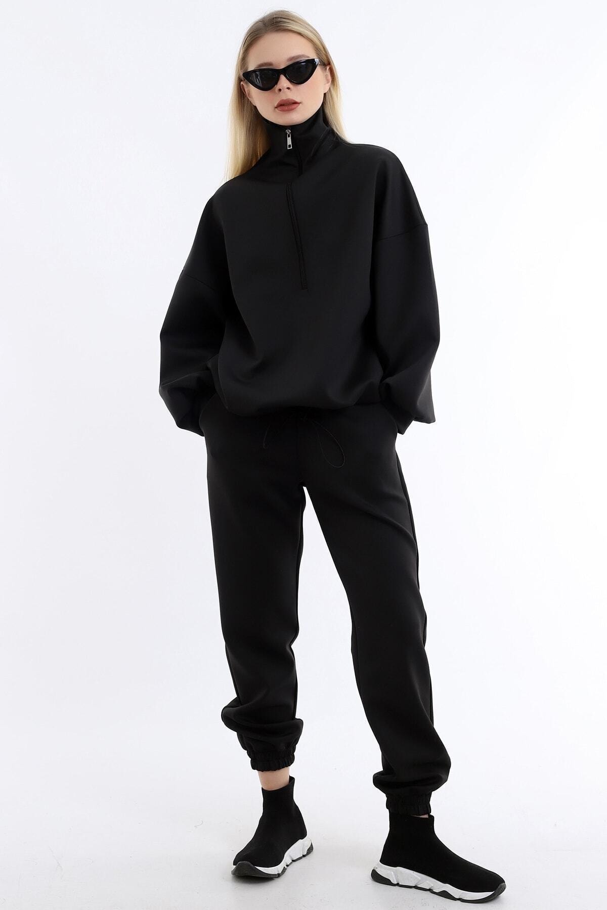 Women's Black Collar Long Zippered Scuba Fabric Comfortable Stylish And Sporty Jogging Suit
