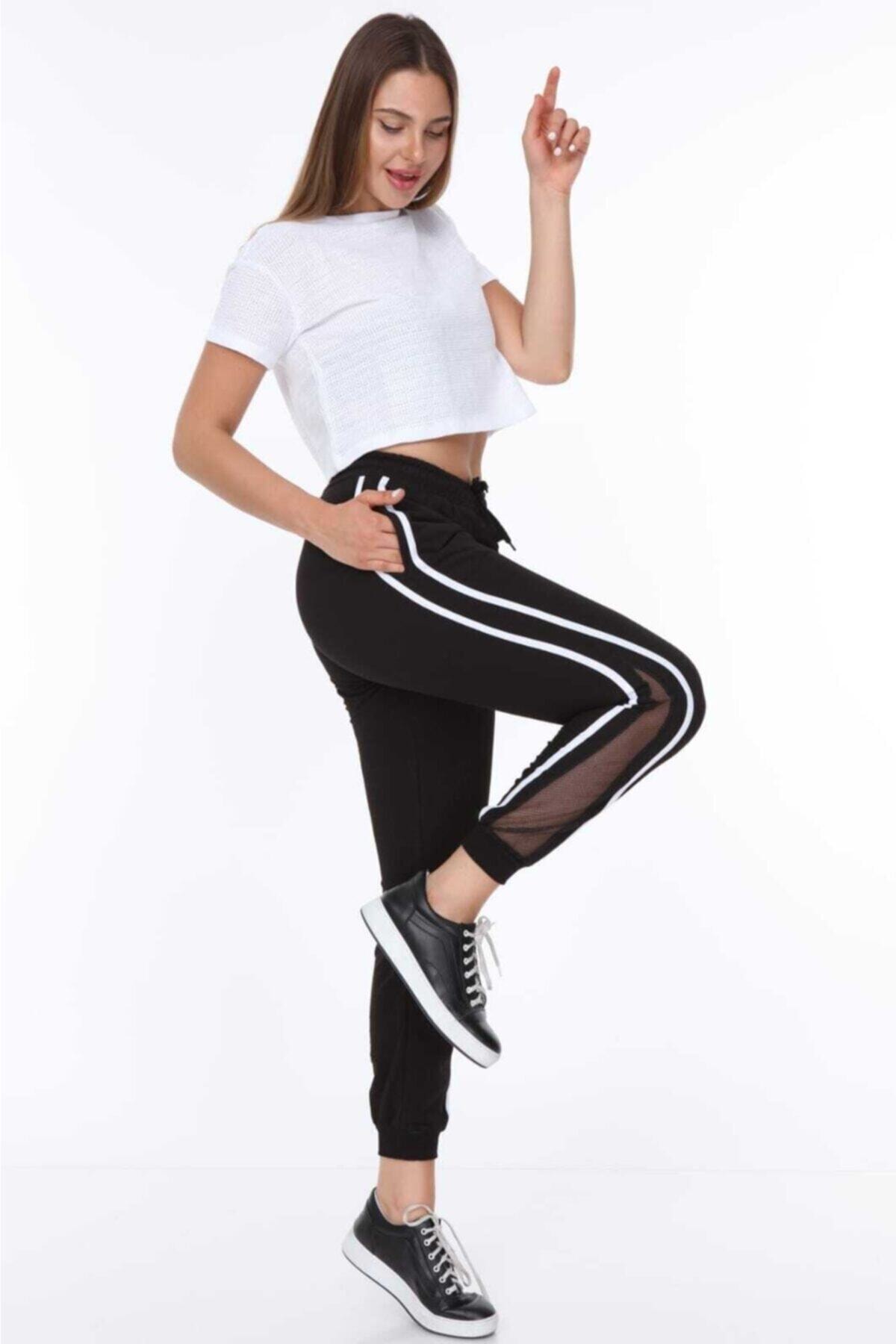 Women's Black Side Mesh White Double Striped White Drawstring Ankle Ribbed Tracksuit Bottom