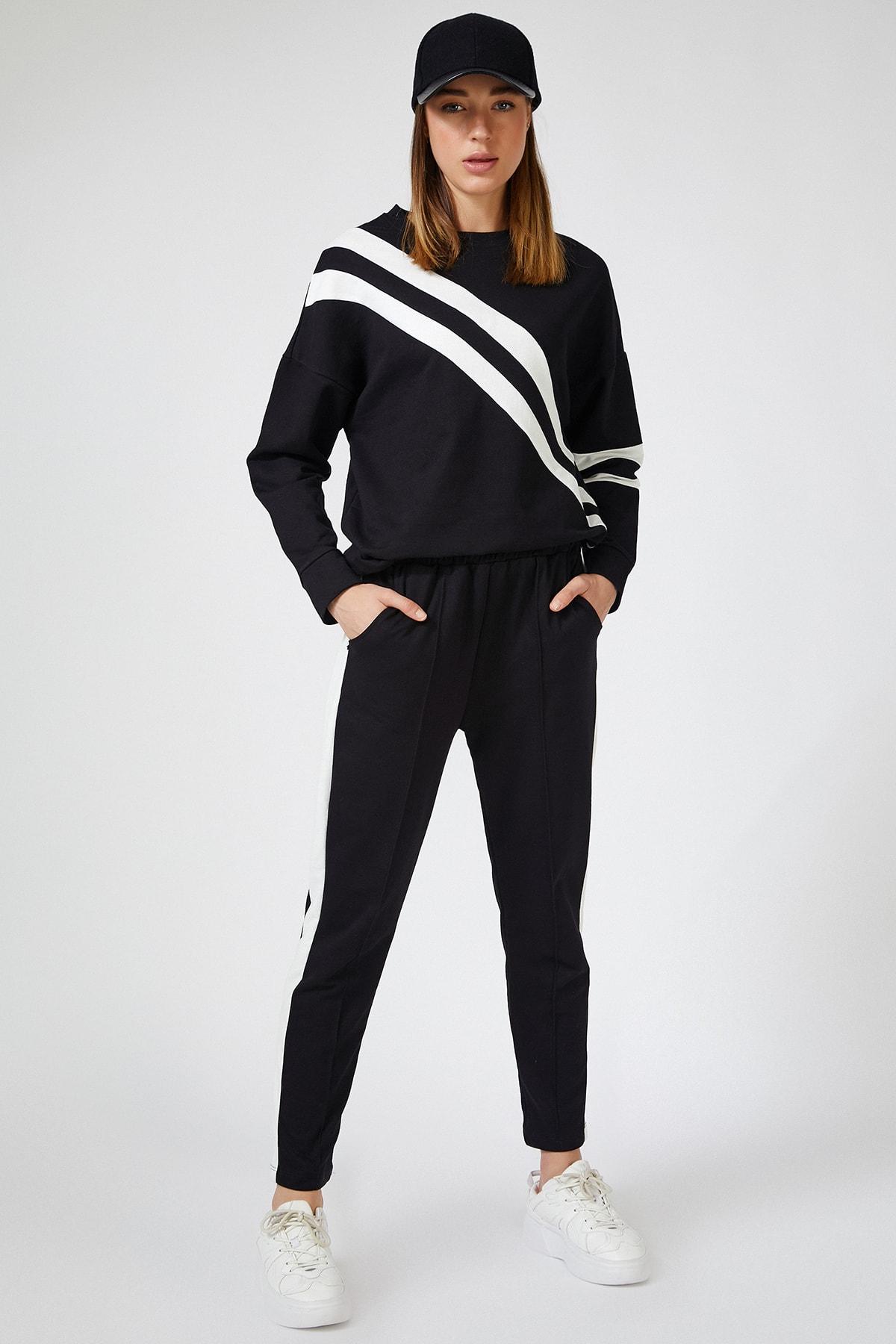 Women's Black Tracksuit White Stripe Detailed Set