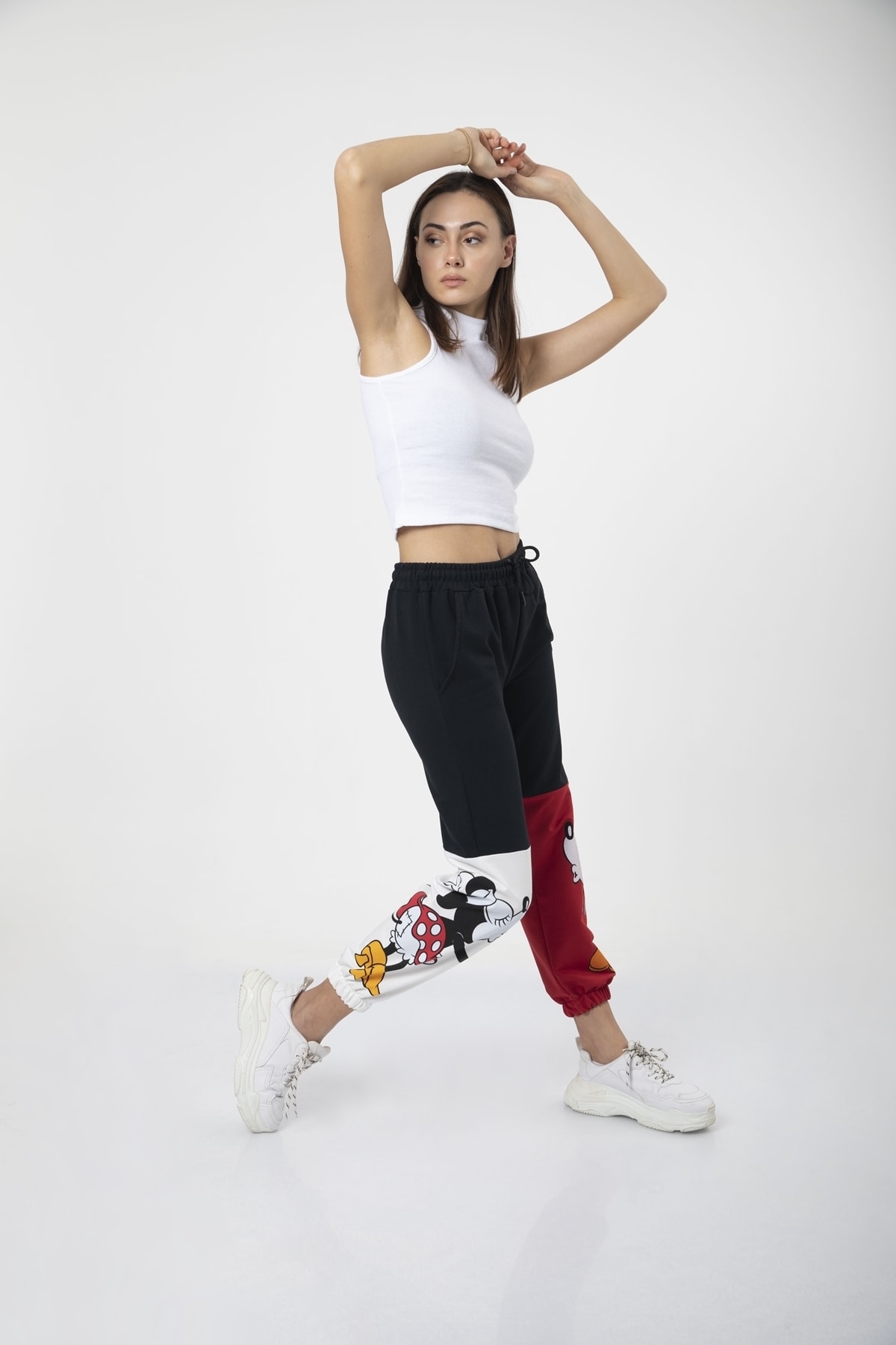 Women's Black Trousers Elastic Color-Blocked Mickey Printed Sweatpants