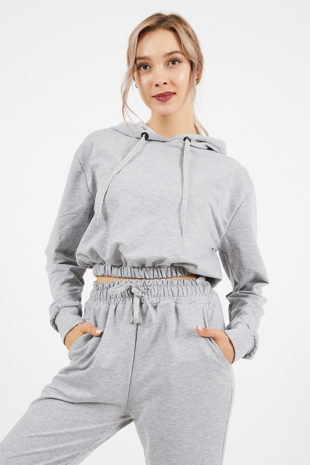 Women's Gray Hooded Bottom Top Tracksuit Set