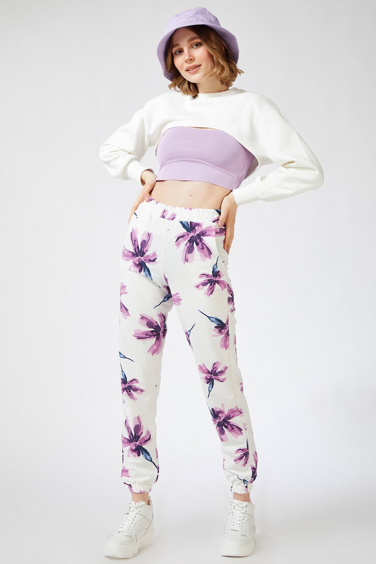 Women's Lilac Patterned Basic Sweatpants With Pockets Tracksuit