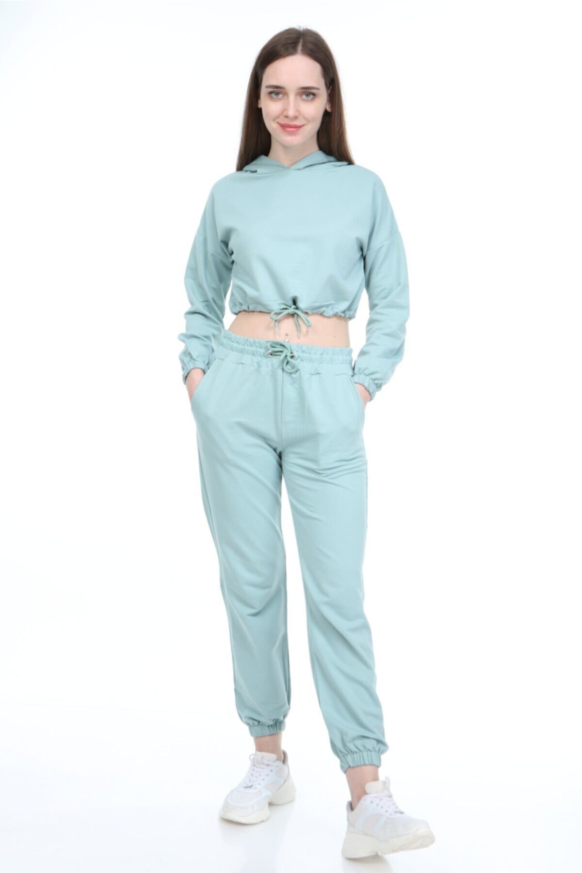 Women's Mint Green Top Crop Elastic Tracksuit Set