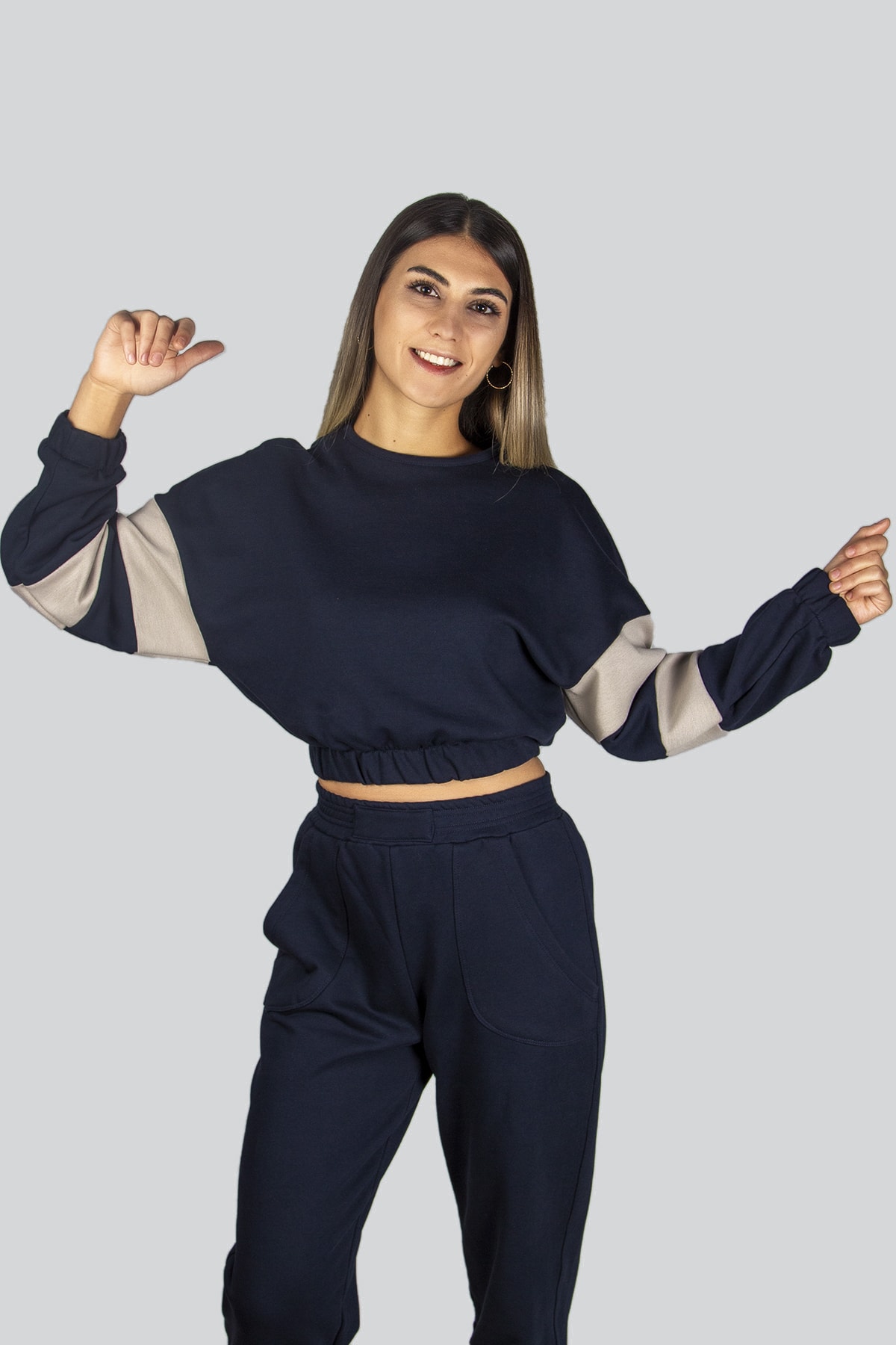 Women's Navy Blue Sleeve Stripe Crop Top Jogger Bottom Sweat Suit