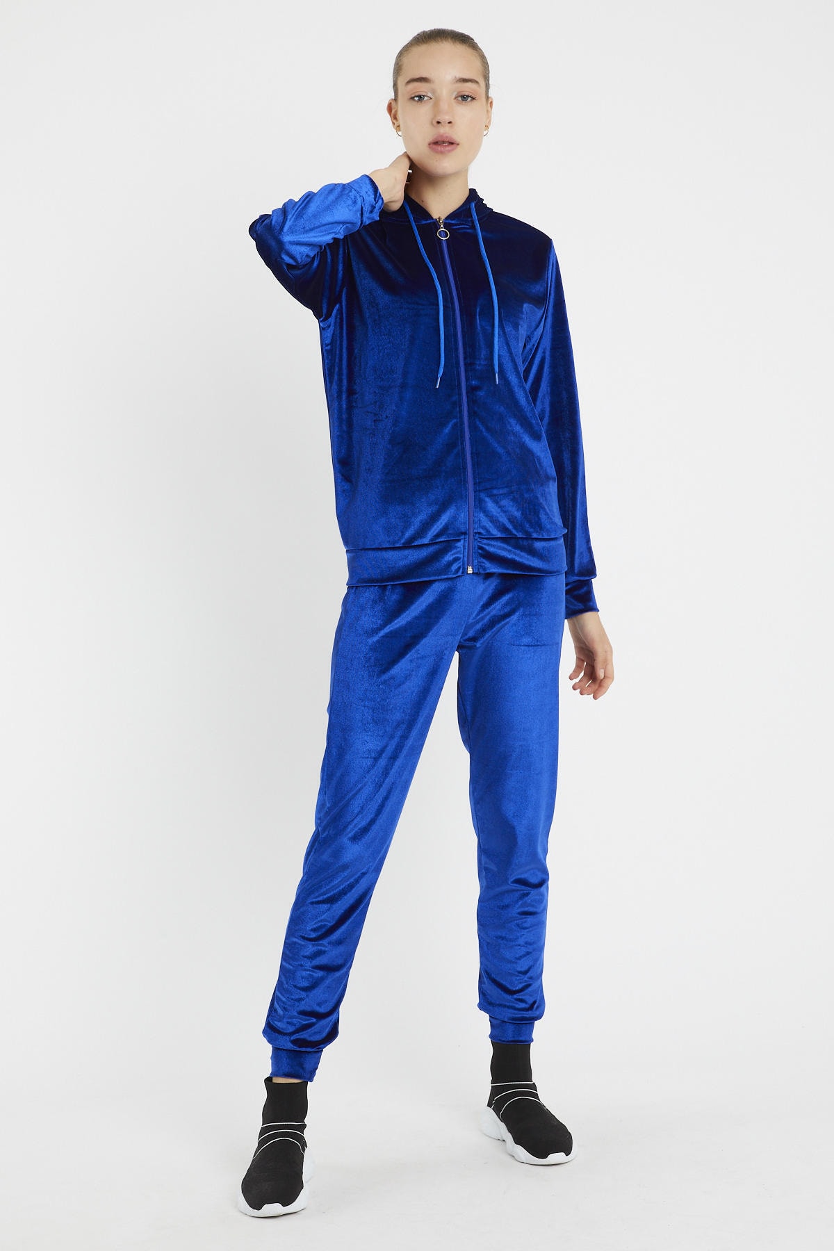 Women's Parlement Blue Hooded Velvet Stone Printed Tracksuit Set