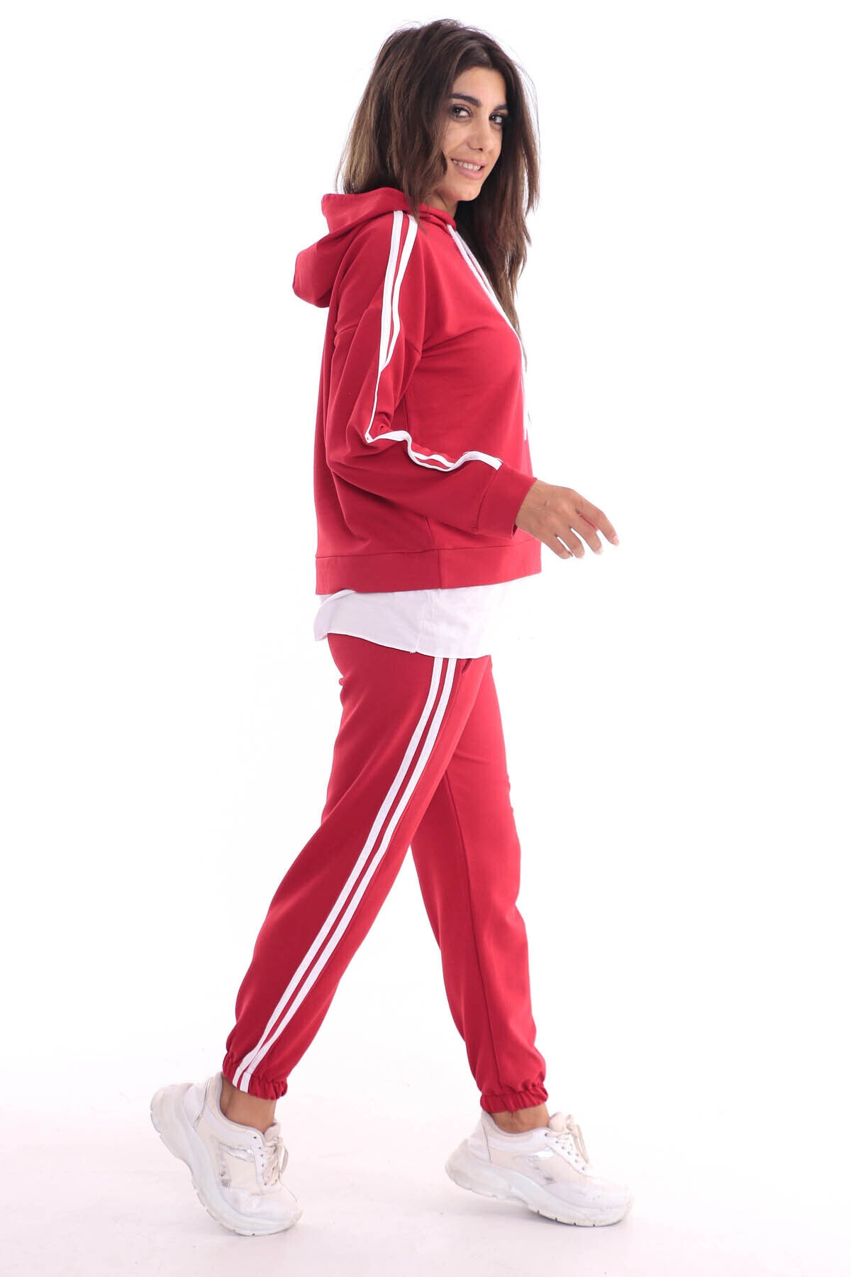 Women’s Red Hooded and Pant Striped Tracksuit
