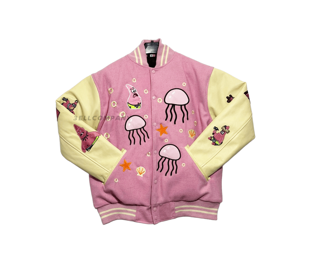 Custom Patrick Star Cartoon Patches on Varsity Jacket with Leather Sleeves