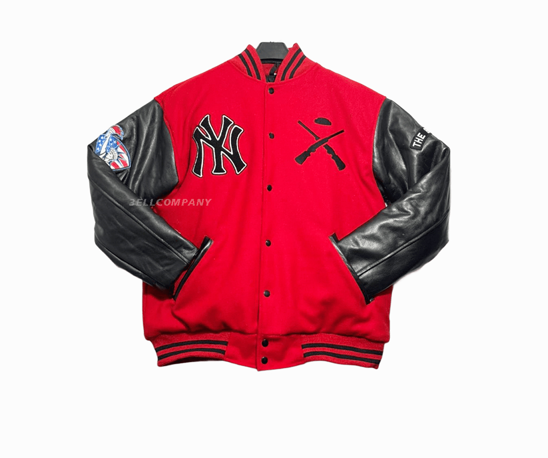 Custom red body and black leather sleeves with chenille patches on varsity jacket