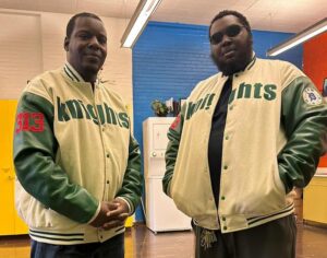KNIGHTS Off-white Wool & Green Leather Sleeves Varsity Jackets
