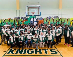 KNIGHTS Off-white Wool & Green Leather Sleeves Group Varsity Jackets