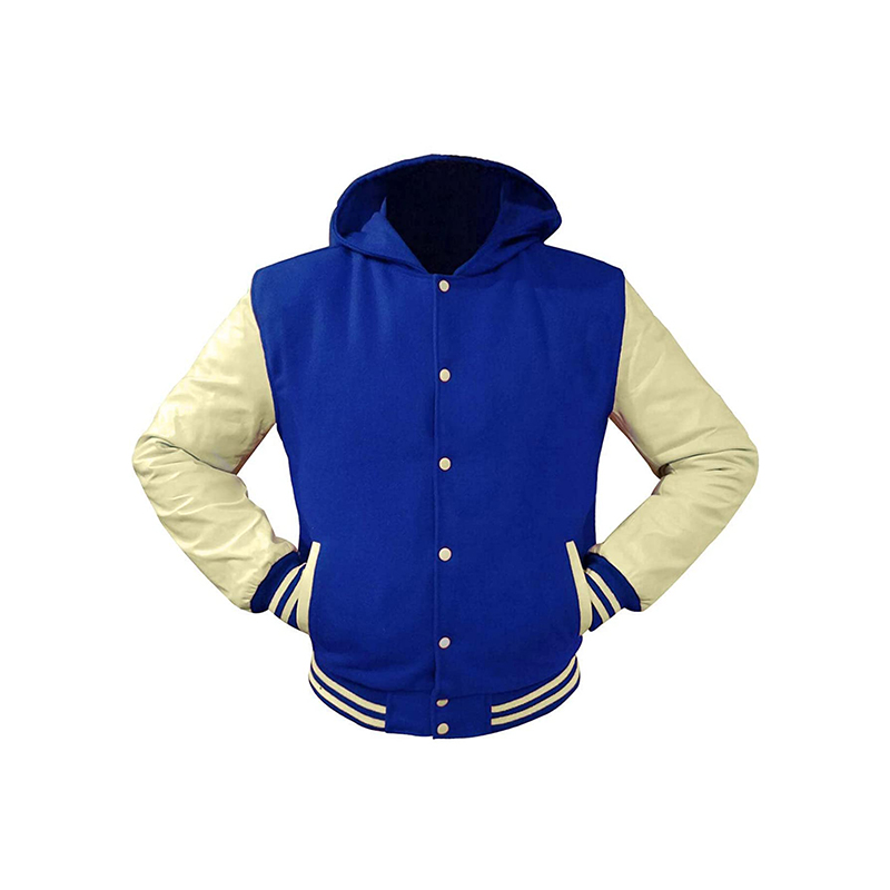 Royal Blue Wool and Leather Hoodie Jackets